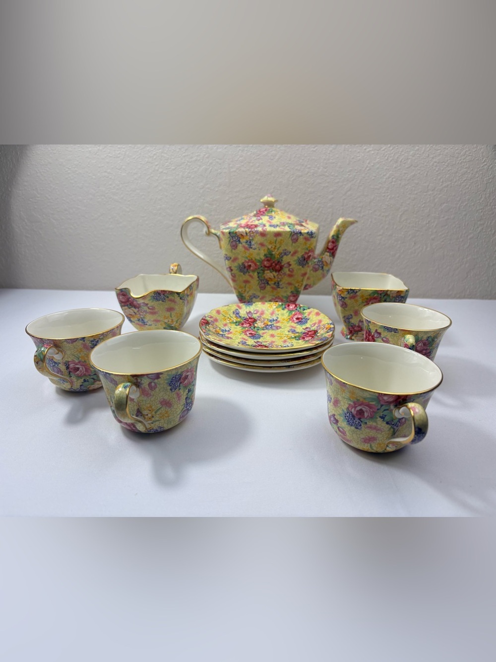 Royal Winton Wellbeck Chintz Tea Set with Pale Yellow Floral Pattern & Gold Trim